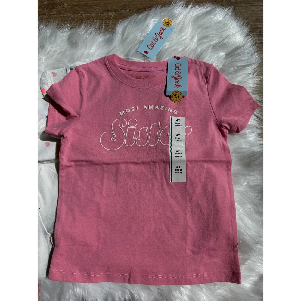 Cat & Jack T-Shirt Bundle Kids 4T Multicolor NWT Hearts Floral Sister Tee Set - Picture 2 of 4